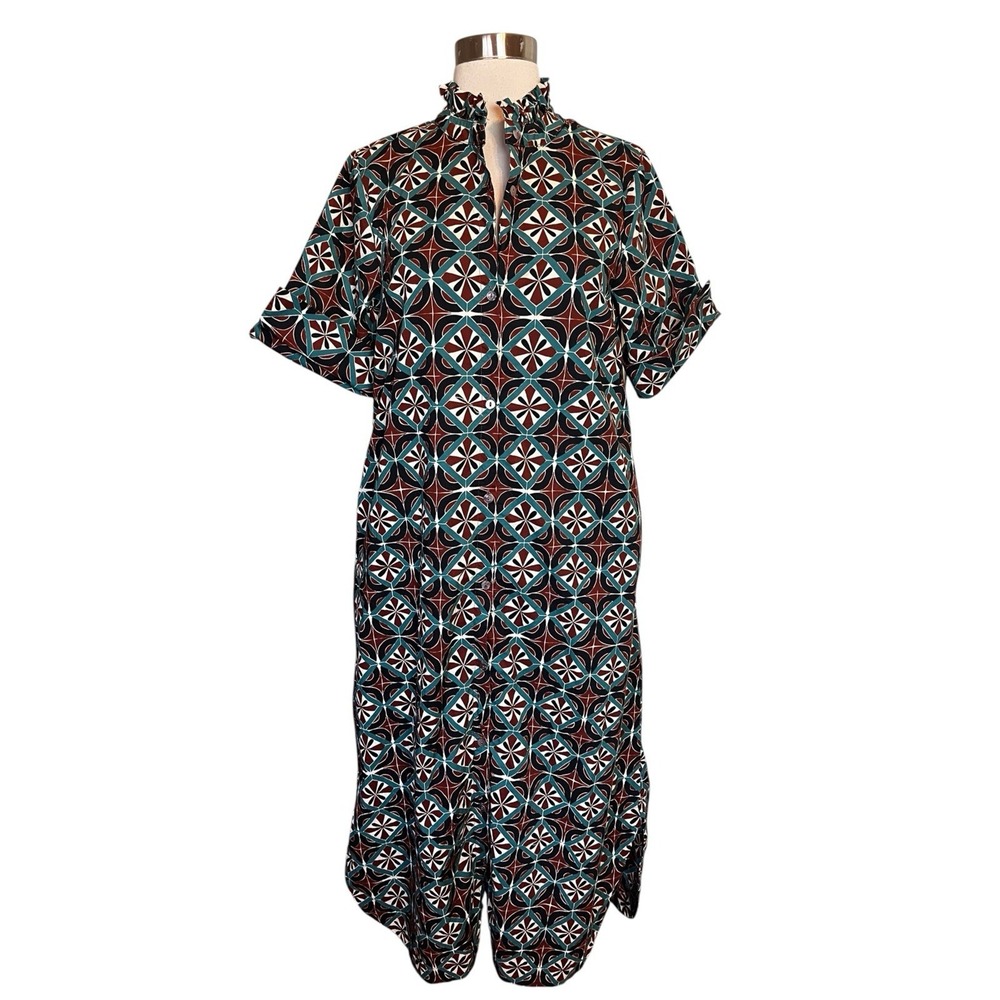 Entro Maxi Shirt Dress Medium Printed Short Sleeve Ruffle Neck